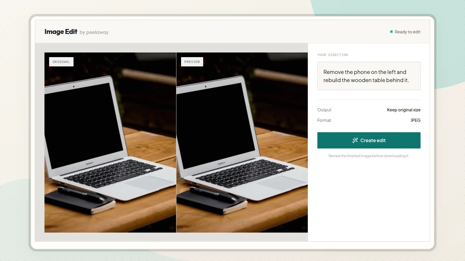 Image Edit workspace showing an original photo, edited preview, and a plain-language direction