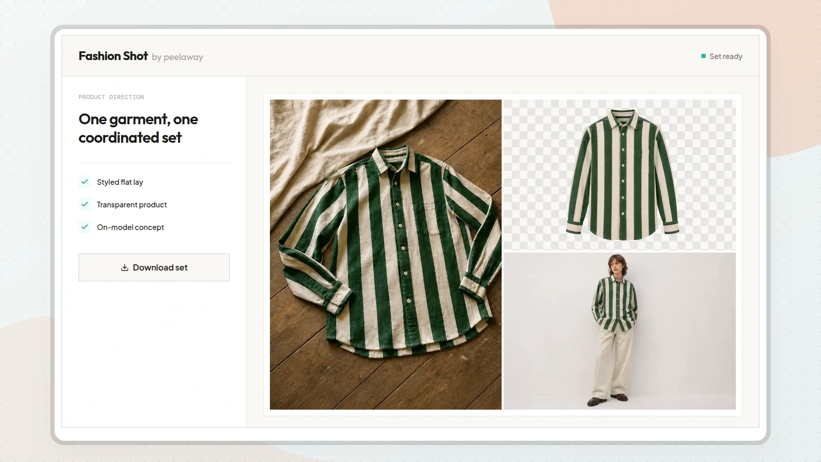 Fashion Shot showing a coordinated flat lay, transparent product view, and on-model concept