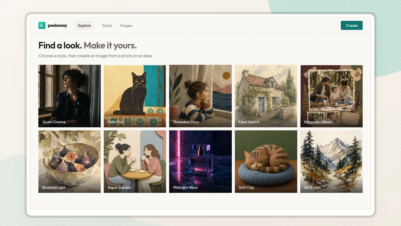 Peelaway's style gallery showing people, cats, a cottage, food, and a perfume bottle in photographic, paper, thread, clay, and painted styles