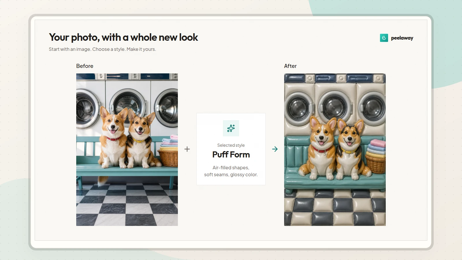 Before photo of two corgis in a laundromat plus the Puff Form style, followed by the same scene transformed into glossy padded shapes